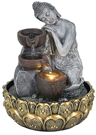 Dekorativer Wasserbrunnen aus grauem Harz mit Buddha-Figur in Goldener Lotusblüte, Feng Shui, entspannend, buddhistisch, 26 cm