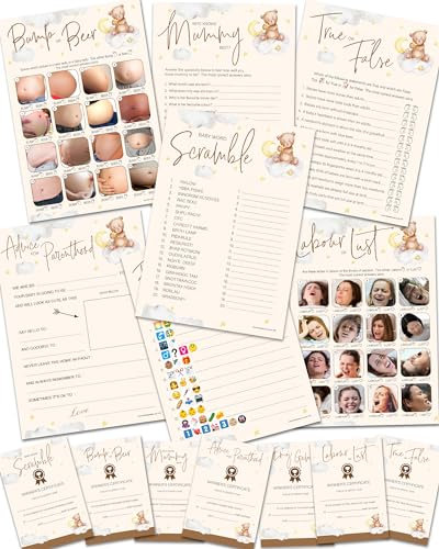 Olivia Samuel Teddy Bear Baby Shower Games - 7 Games in 1 Mega Bundle for 10 Players with 7 Winner's Certificates - Unisex Neutral Design