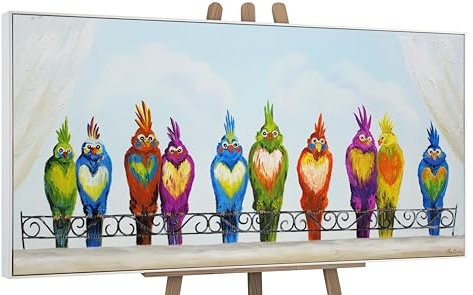 YS-Art Quadro Dipinto a Mano Originale - Uccelli Colorati Arcobaleno
