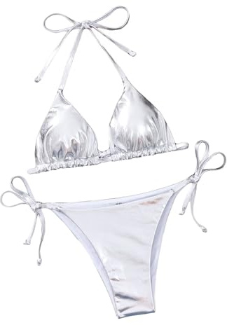 Falainetee Damen-Badeanzug, metallisch, glänzend, hohe Taille, dreieckig, seitliche Bindung, Bikini-Set