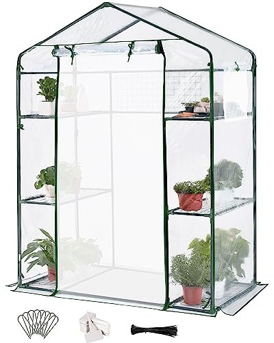 Quictent Foliengewächshaus 195 x143 x 73cm,begehbares Gewächshaus mit 6 Ablageflächen, PVC-Gitternetzfolie,Netztür und Fenster,Tomatenhaus Gemüse Gewächshau,Transparent