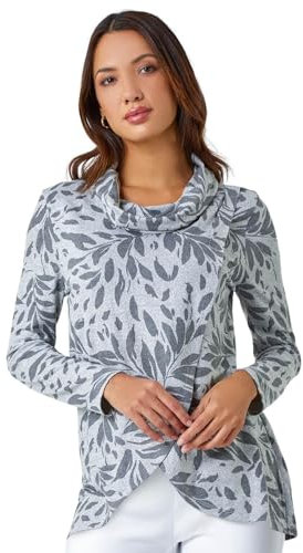 Roman Originals Women's Cowl Neck Long Sleeve Tunic Ladies Lightweight Longline Patterned Top Blouse Snit Autumn Winter Work & Casual Smart Wear Going Out Party Loungewear - Light Grey - Size 20