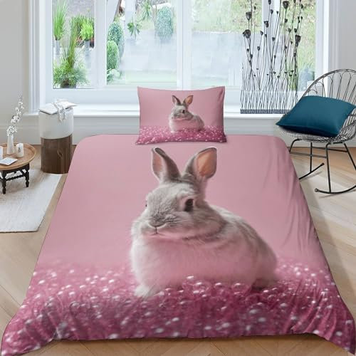 VesFy 3D Bettwäsche Mikrofaser Niedliches Kaninchen Duvet Cover Set 2 Teilig 2 Pieces Haustier-Häschen Bettbezug with Zip Closure Für Jugendliche Kinder Schlafzimmer Single(135x200cm)