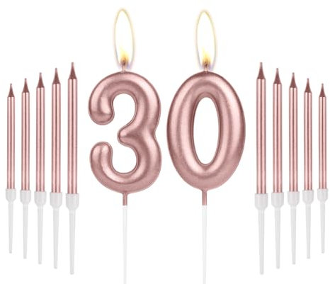 Girls 30th Birthday Decorations - Number 30 Rose Gold Long Candles, Cake Topper for Women's 30th Birthday & Wedding Anniversary Celebrations