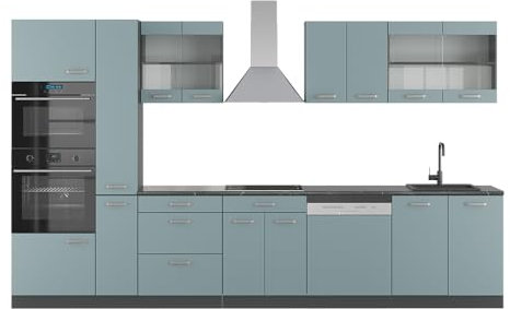 Vicco Küchenzeile R-Line, Blau-Grau/Anthrazit, 350 cm mit Hochschrank, ohne Arbeitsplatte