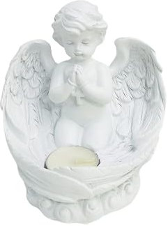 Teelichthalter betender Engel mit Kreuz, Engelfigur, Grabengel 12,5 x 11,5 cm x 13 cm, Kerzenhalter, Dekoration für Tauf-Party, Weihnachtsdeko, Grabschmuck