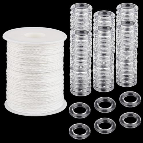 PH PandaHall 100 Yards/91m Roman Curtain Cord 100 Pieces Clean Blind Ring 1.5mm White Braided Blind Cord Nylon Lift Shade Cord Drapery Cords Set for DIY Curtain and Gardening Plant Curtain Crafts