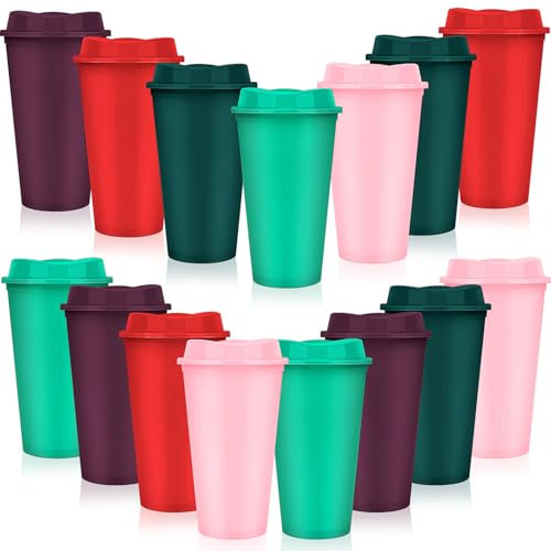 15 Pack Reusable Coffee Cups with Lids Reusable Hot Cups Bulk 16 oz Plastic Tumblers Cup with Lids for Hot Drink Travel Coffee Mug with Lid to Go Coffee Cups (Multi Colors)