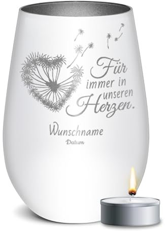 PR Print Royal Trauer Windlicht mit Gravur - Für Immer in unseren Herzen - mit Name & Datum gravieren - Trauergeschenk, Gedenklicht, Geschenke für Trauernde | inkl. Teelicht, 450 ml, Weiß/Silber