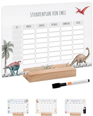 Bärenfreunde® - Personalisierbarer & Abwaschbarer Stundenplan aus Acryl + Stift, Holzhalter - Einschulung Geschenk, Schultüte zum Schulanfang oder Grundschule (Dinosaurier,ohne Holzhalter)