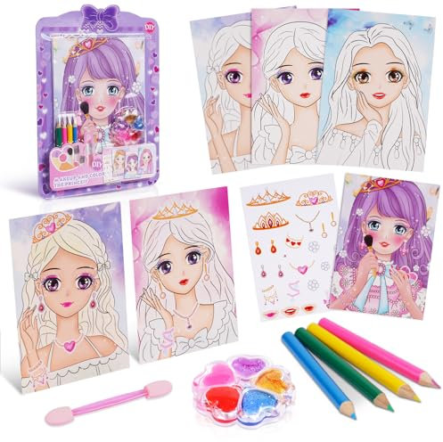 Aomig Livre de Peinture À L'aquarelle pour Enfants, Make-Up Arts et Maquillage Kit de Dessin pour Fille, Jouet de Maquillage sur Papier et Autocollants Éblouissants de Princesse pour Anniversaire
