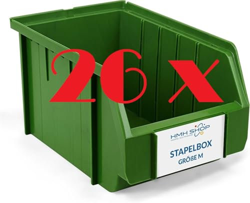 HMH 26x Stapelboxen Größe M Werkstatt Garage Keller Sichtlagerboxen 230x150x130mm Lagerboxen GRÜN Sichtlagerkästen Kleinteile Aufbewahrung