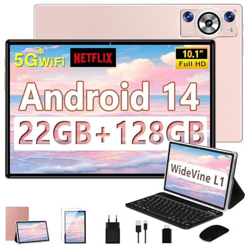 DEERTiME 2025 Newest Tablet Android 14 10.1 Pollici 22GB RAM+128GB ROM(TF 1TB), 8-Core 2.0 GHz/5G WiFi/8000mAh/Corpo Metallico/BT5.0/5+8MP/Face ID/FHD/GPS Tablet con Tastiera e Mouse - Oro