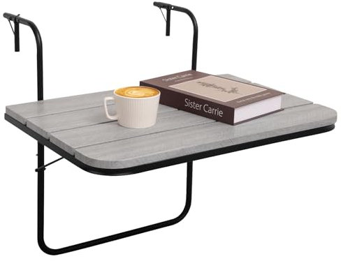 FEUFOAM Balcony Bar Table for Railings Outdoor Folding Deck Rail Table Adjustable Height & Width Wood Folding Hanging Bar Serving Table with Metal Frmed Rustic Grey