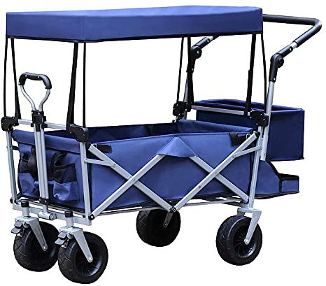 CRBUDY Chariot à Main, Chariot de Jardin Pliable Bea100 kg, brouette à 4 Roues, Chariot de Jardinage d'extérieur, auvent Amovible/Bleu Marine
