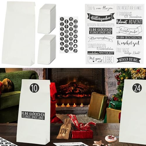 Adventskalender DIY Bastelset 68tlg. │ schwarz weiß Papiertüten 10x23x6cm Sticker Ø2,5cm │ Zahlen Symbole Sprüche│ Weihnachten Adventszeit Kalender (1 x Adventskalender Bastelset 68tlg.)
