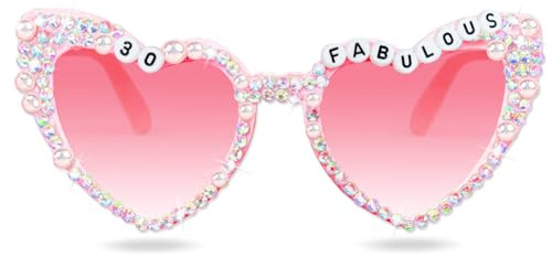 Topfunyy 30th Birthday Glasses for Women - White 30 & Fabulous Shiny Diamond Pearl Sunglasses for Women 30th Birthday Party Supplies