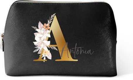 Love Faith Personalisierte Kosmetiktasche – Individuelle Kulturtasche mit Initiale & Namen – Robuster und Praktischer Kulturbeutel (Schwarz-Gold, Groß)