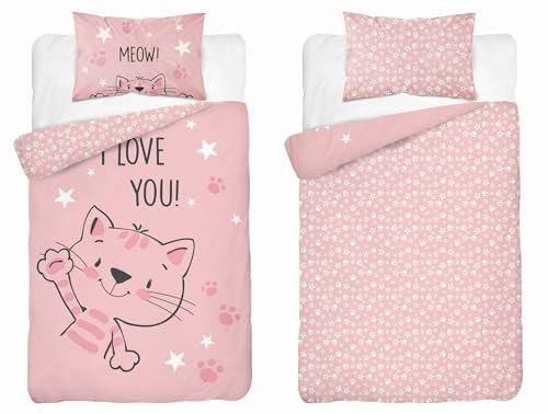 Kinderbettwäsche 100x135 cm aus 100% Baumwolle Weich und farbenfroh | Bettwäsche Kinder Perfekt für Mädchen und Jungen | Hochwertig und pflegeleicht Baby Bettwäshe mit Reißverschluss | Katze 034