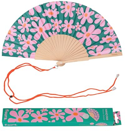 Fisura – Holzfächer mit Retro-Blumenmuster. Stilvolles, farbenfrohes Accessoire, tragbarer rosa-grüner Handfächer mit praktischem Aufhänger. Maße: 42,5 x 23 cm