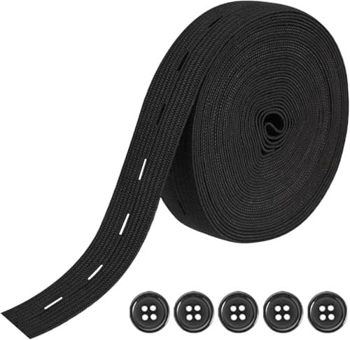 SpetngSake 5m Gummiband mit Knopflöchern,2cm Breites Gummiband,Elastisches Schwarzes Gummiband,Flaches Gummiband Nähen,Gummiband für Hosenbund mit 5 Stück Knöpfe,Gummizugband,für Kleidung Gürtel