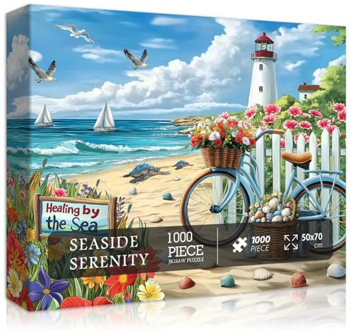 PICKFORU Strand Puzzles für Erwachsene 1000 Teile Küste Leuchtturm Puzzle mit Blumen Fahrrad Meeresschildkröte Natur Sommer Ozean Jigsaw Puzzles Seaside Landschaft Herausforderung für Erwachsene