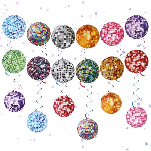 Discokugel Deko Girlanden Set, mit 12 Hängende Wirbel Spiralen Disco Party Deko, 15cm/5.9inch 70er Jahre Deko Diskokugeln Girlanden für Geburtstag und Neon Disco Party Mottoparty (Bunte)