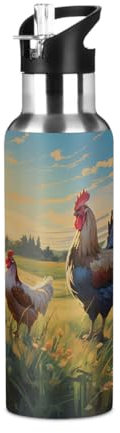 Mexpekil Bouteille d'eau isotherme en acier inoxydable avec couvercle à paille - 600 ml - Motif coq et poule
