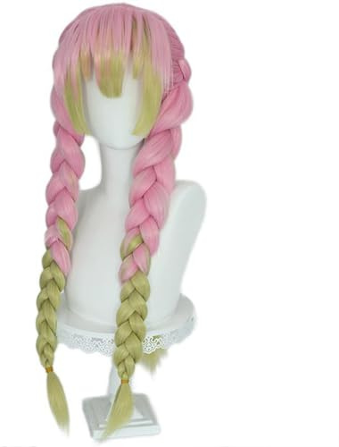 Anime Kanroji Mitsuri Perücken, Anime cosplay wig mit Wig Cap, Charakter Verkleiden Lange geflochtene Perücke Passend für Mädchen Halloween und Karneval Sakura rosa Farbverlauf Grün Damen ErsatzPerück