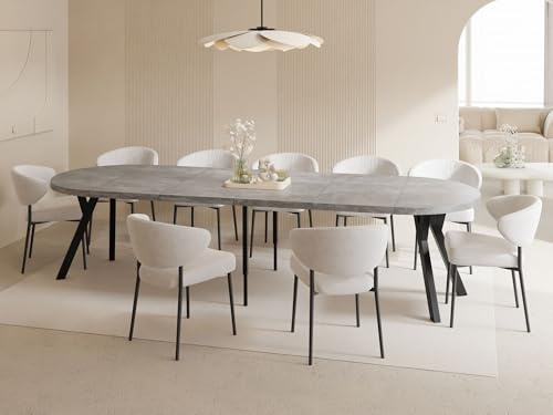 Esstisch Rund Groß XXL Ausziehbar im Loft-Stil – 100 bis 300 cm – Extra Lang Ausziehtisch mit Schwarzen Holzbeinen, Industrieller Tisch für 5-16 Personen – Esszimmertisch – Grauer Beton