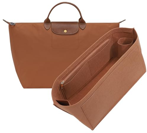 OAikor Purse Organizer Insert for Longchamp Le Pliage L Travel Tote Bag, Felt Lightweight Large Travel Tote Divider Shaper with Cup Holder,Zipper Bags Inner Linner with 9 Deepened Pockets,L/Gold-brown