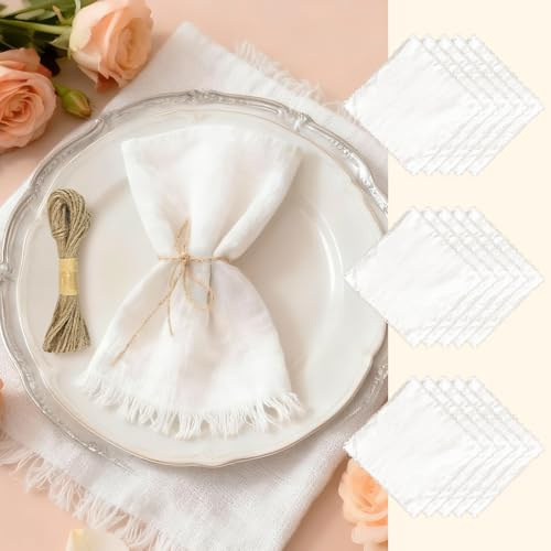 Wxeadu 15 Stück Stoffservietten,42x42 cm Leinenservietten mit 10m Hanfseil,Waschbar Tischservietten mit Fransen,Hochwertige Baumwolle Servietten für Hochzeit Party Geburtstag und Tischdekoration(Weiß)