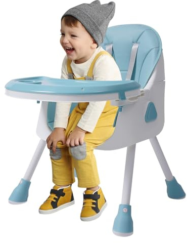 Kinderhochstuhl Klappbar 80kg, Baby Hochstuhl mit 5-fach Verstellbarem Tablett & Sicherheitsgurt, Inkl. Esszubehör und Kissen, High Chair für Babys 6 Monate-6 Jahre, Grün