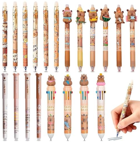 Capybara Themed, Erasable Pens & 10-Colour Ballpoint Pens, Multi-Design Stationery Bundle, 4 Styles Cavy Daily Writing Tools with Multi-Function Pen, for School, Office, Note-Taking, Journaling