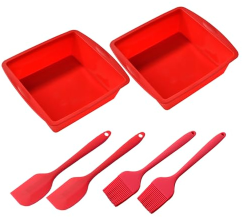 Vrexziy Silicone Cake Moulds, 2Pcs Square Cake Tins (19.5x18x5.5cm, Red) | Cake Moulds with Silicone Brush and Spatula Square Silicone Baking Trays for Cheesecake Brownie Cake Bread Pancakes Pizza