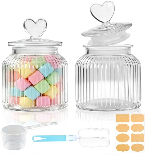 Mssushi 2 Stk Glas Candy Bonbongläser Herzförmiges mit Deckel | 650ml, Streifendesign, Vorratsgläser Glas, Luftdicht, mit Deckel, Messlöffel, für Candy, Kekse, Süßigkeiten, Küche