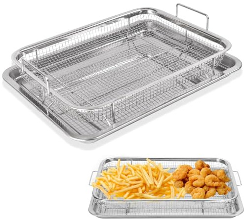 WEIWUXIAN BBQ Grillkorb, Edelstahl Grillkorb mit Griff und Unterschale, Backform Set Korb, Crisper Mesh Grillkorb, Kupfer Frittierkorb Backblech, Grillgitter BBQ zum Grillen und Kühlen