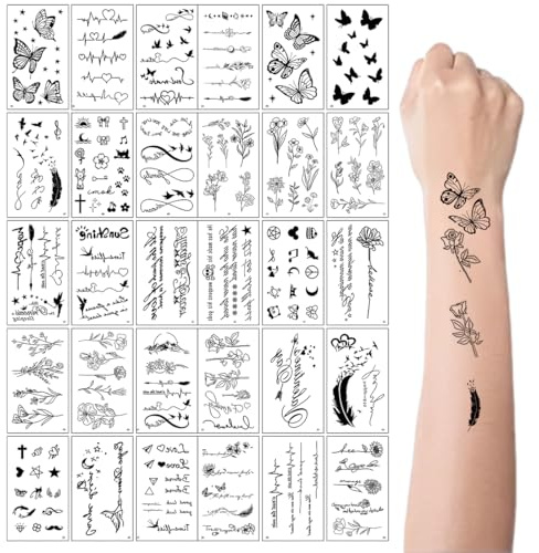 YAZWUR 30 Blätter Temporäre Klebetattoos Fake Tattoos Wasserdicht für Erwachsene, Frauen, Damen, Kinder, Männer, Mädchen, Arm Tattoo, Tatoos zum Aufkleben (Europäisches Muster) (Schwarz)