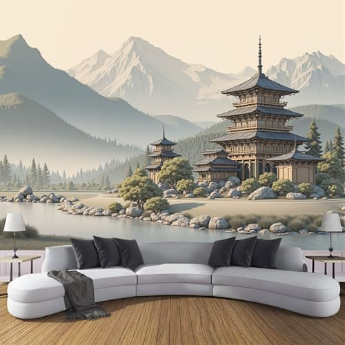 DLERFLOVR 3D Papier Peint Peinture De Paysage, 200x140cm Papier Peint Panoramique Peinture À L'Encre Japonaise Papiers Mural pour Salon Chambre Chambre D'Enfant Décoration Murale, Gris Clair
