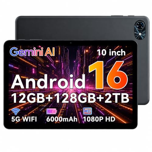 10 Inch Android 16 Tablet with GEMINI AI 3.0, 12GB RAM+128GB ROM Expandable to 2TB, 120Hz 1080P HD Display, 5G WiFi, 6000mAh Fast Charging, Bluetooth 5.0 GPS, 4-Year Warranty | Gemini AI support, 120Hz touch sampling, 2TB expansion, 5GHz WiFi, GPS, 6000mAh fast charging and 4-Year UK Warranty