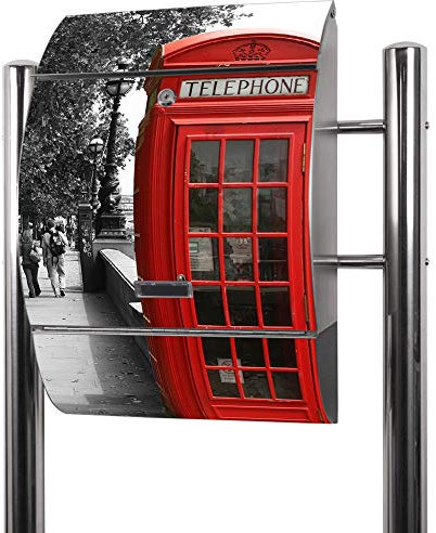 banjado® Standbriefkasten Edelstahl mit Zeitungsfach Motiv London Red Telephone/Briefkasten mit Standfuß/Edelstahl Briefkasten freistehend - A4 Einwurf inkl. 2 Schlüssel