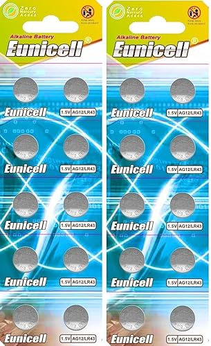 Eunicell AG12 Pile a bottone (20 pezzi) - 2 blister da 10 - 100 mAh Premium LR1130/389 batteria alcalina 1,5 V - Sicurezza per bambini, alte prestazioni e lunga durata