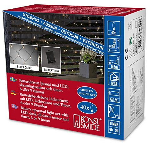 Konstsmide 3723-100 LED Lichternetz / für Außen (IP44) / Batteriebetrieben: 4xAA 1.5V (exkl.) / 40 warm weiße Dioden / mit Lichtsensor und 6h und 9h Timer / schwarzes Kabel, 80 x 80 cm