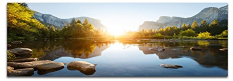 Panoramabild auf Leinwand und Keilrahmen 150x50cm Yosemite Berge Wald Fluss Sonnenaufgang