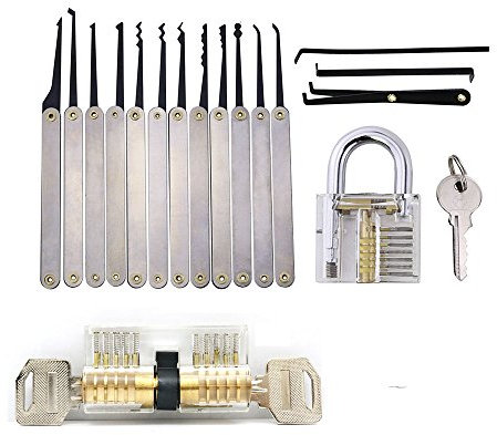 TPM Go 15-teiliges Lockpicking-Set, ein transparentes Übungsschloss und ein doppelseitiges Schloss, Trainingsschlösser.