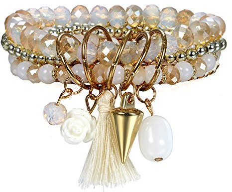 JewelryWe Schmuck Damen Perlenarmband Elastisch Böhmische Perlen Armband Armreif mit Niet Blume Quaste Anhänger Weiß