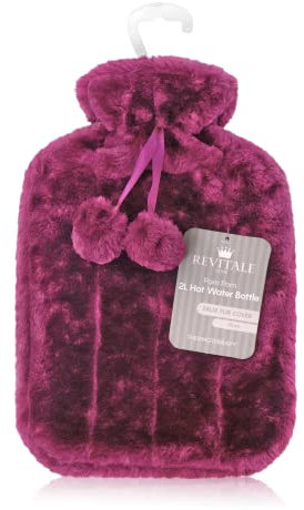 Revitale Luxury Cosy Faux Fur Pom Pom Hot Water Bottle - 2 litre (Plum)