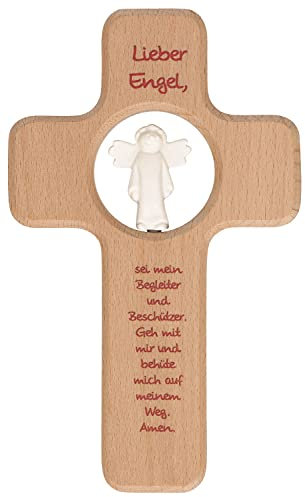 Kinderkreuz aus Holz mit Gute-Nacht-Gebet und Porzellan-Engel. Rotes Kreuz mit Schutzengel. Religiöses Geschenk für Mädchen zu Taufe und Geburt.
