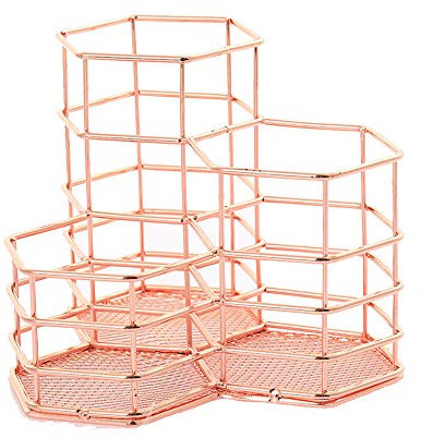 Stifthalter für Schreibtisch Desk Tidy Metall Rose Gold Makeup Brush Organizer Maschendraht Hexagon Schreibwaren-Vorratsbehälter Für Office Home School