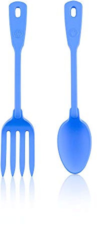 Kochblume Servier Set, 2-teilig, Löffel und Gabel | Premium Premium-Silikon & BPA freimit Edelstahlkern (hellblau)
